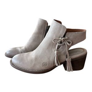 Born Monikah Suede Slingback Ankle Boot Gray Distressed Chunky Heel Tassel 7M